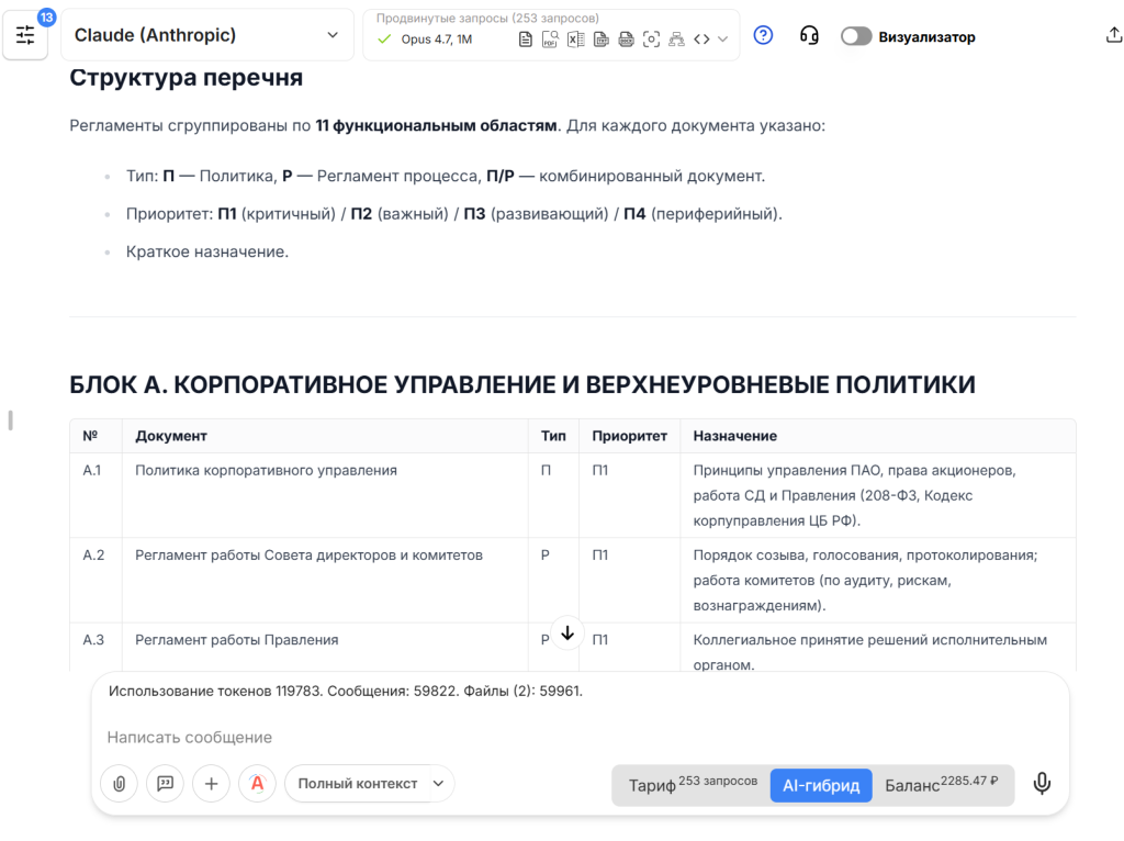 Список регламентов с распределением по блокам