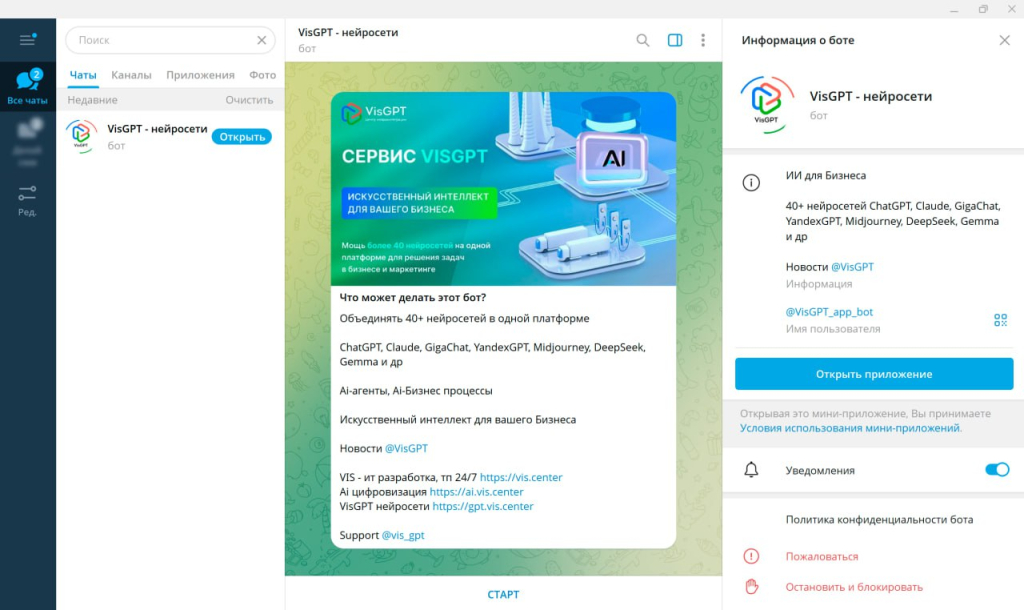 Mini-app приложение VisGPT для Телеграм
