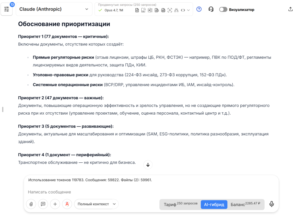 Список регламентов с распределением по приоритизации и уровням критичности
