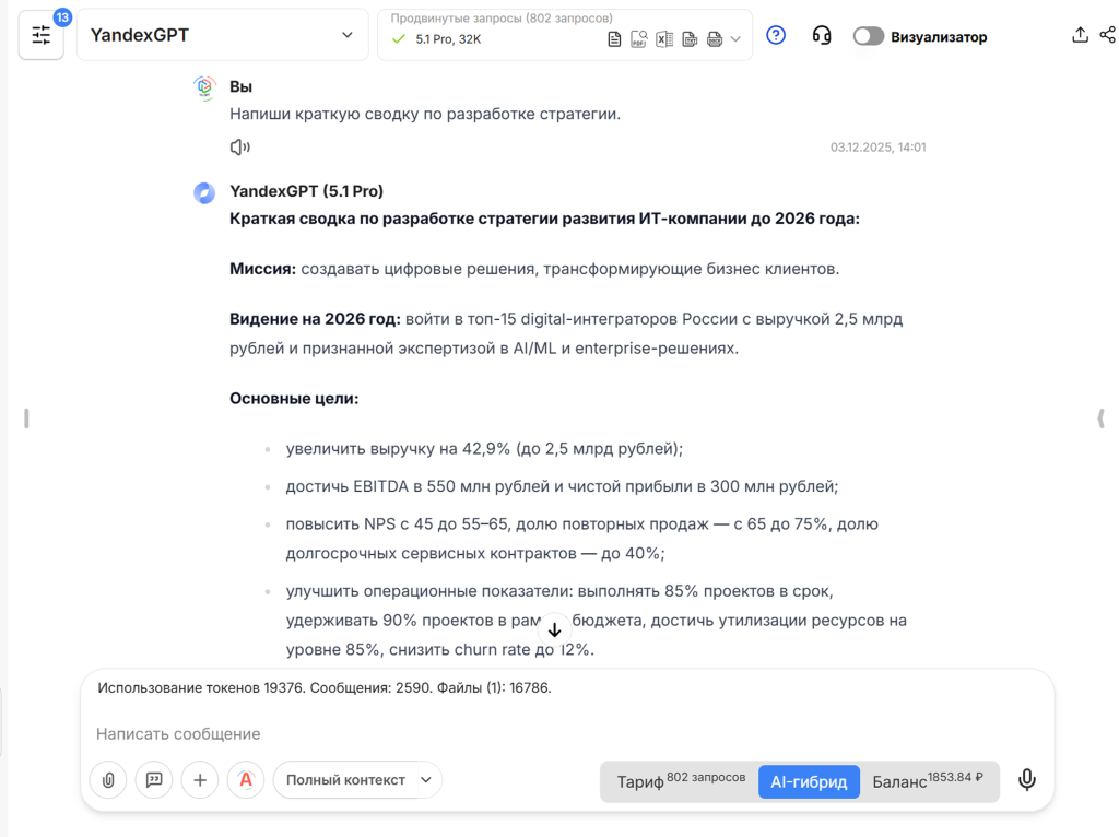 Пример создания развития стратегии компании на 2026 год с помощью YandexGPT Пример создания развития стратегии компании на 2026 год с помощью YandexGPT